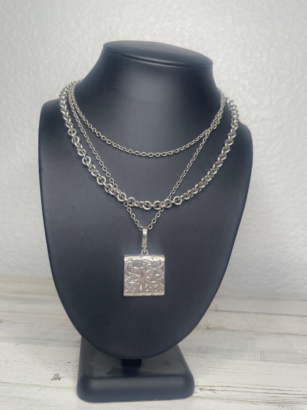 Lois Hill Sterling Silver Triple Chain Layered Pendant Necklace Toggle